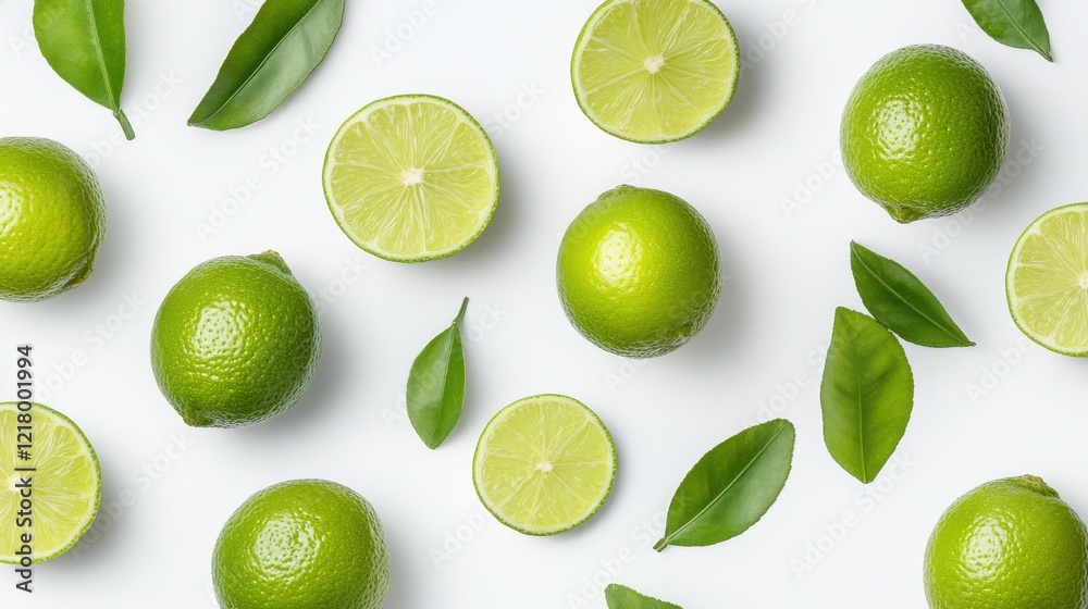 Fresh limes and leaves arranged artfully on a bright surface Fresh limes and leaves arranged artfully on a bright surface