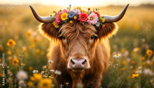 Cute brown cow cattle heifer bull highland longhorn with horns and a flowery crown in spring in a field