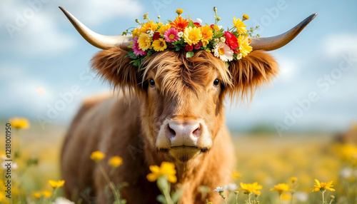 Cute brown cow cattle heifer bull highland longhorn with horns and a flowery crown in spring in a field