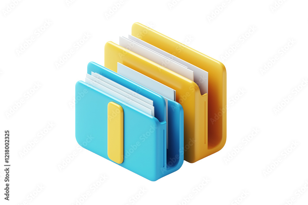 A blue and yellow plastic icon of three documents in an open file folder, isolated on transparent background A blue and yellow plastic icon of three documents in an open file folder, isolated on transparent background