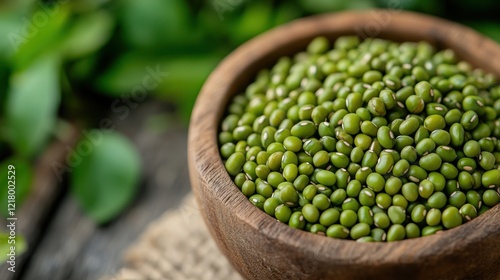 Mung bean sprouts in a rustic bowl, surrounded by natural greens photo