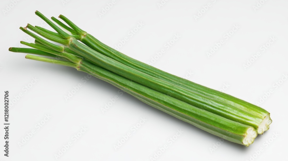 Freshly harvested okra displayed on a crisp white background Freshly harvested okra displayed on a crisp white background