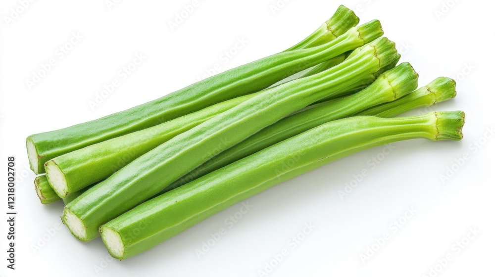 Harvested okra showcasing vibrant green ridges in a rustic kitchen setting Harvested okra showcasing vibrant green ridges in a rustic kitchen setting
