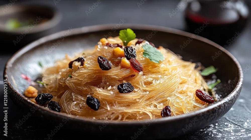Glass noodles with raisins and corn kernels, garnished with herbs, served in a dark bowl. Perfect for illustrating healthy food blogs, recipes, or Asian cuisine themes. Glass noodles with raisins and corn kernels, garnished with herbs, served in a dark bowl. Perfect for illustrating healthy food blogs, recipes, or Asian cuisine themes.