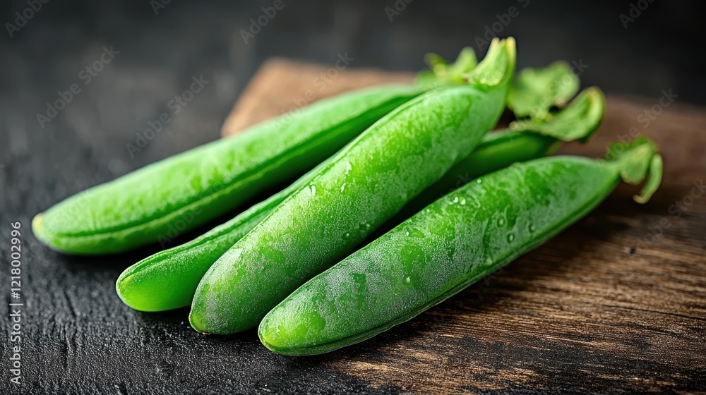 Fresh green peas resting on a rustic wooden surface Fresh green peas resting on a rustic wooden surface
