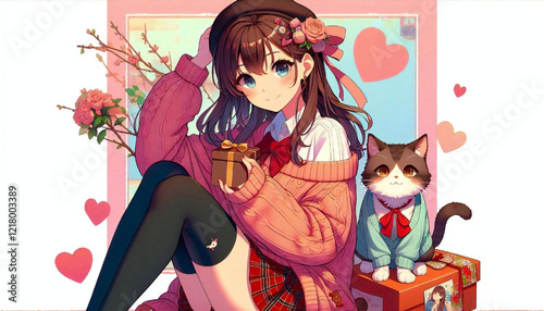 A cel-style illustration of a cat and a girl.generated by AI.