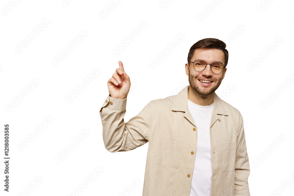 Man smiling and pointing with one finger in a neutral setting while wearing casual clothing Man smiling and pointing with one finger in a neutral setting while wearing casual clothing