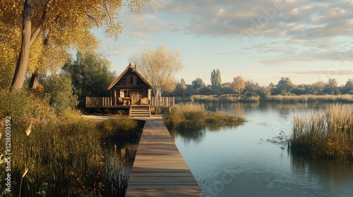 Lakeside autumn cabin, wooden dock, tranquil scenery, peaceful retreat