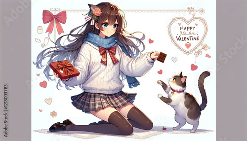 A cel-style illustration of a cat and a girl.generated by AI.