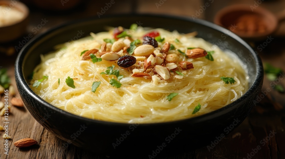 Creamy vermicelli pasta topped with almonds, raisins, and parsley. Perfect for illustrating healthy, delicious, and visually appealing food blogs or recipe websites. Creamy vermicelli pasta topped with almonds, raisins, and parsley. Perfect for illustrating healthy, delicious, and visually appealing food blogs or recipe websites.