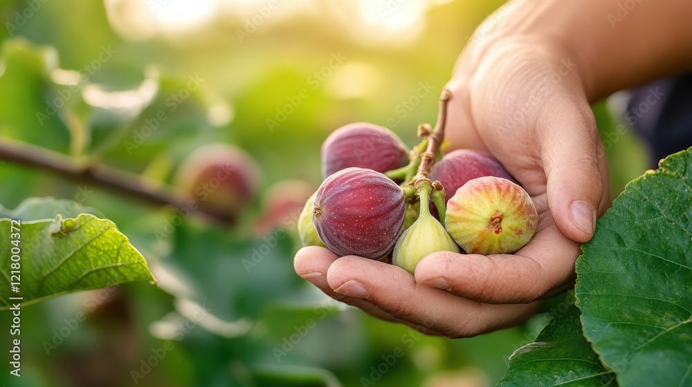 Harvesting ripe figs from luscious green branches under warm sunlight Harvesting ripe figs from luscious green branches under warm sunlight