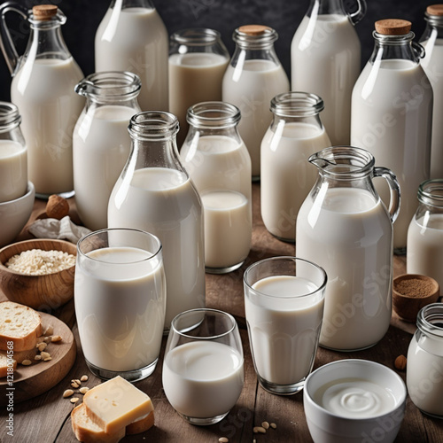 Botellas jarras y vasos con leche junto a productos lácteos yogur y queso y un trozo de pan photo