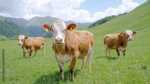 Simmental cows graze peacefully under a bright blue sky in the countryside photo