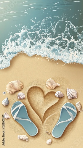 Flat Lay of Romantic Beach Walk Scene with Heart in Sand, Valentine’s Day, Valentine’s Day image