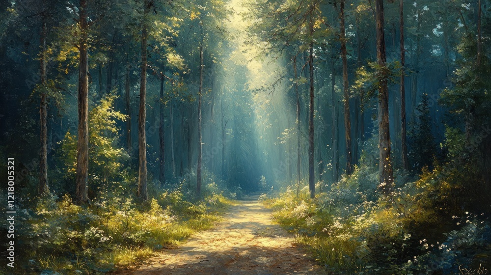 Fototapeta premium Sunbeams illuminate a path through a lush, green forest.