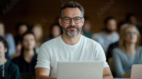 Engaging psychologist deep in thought at an international therapy seminar photo