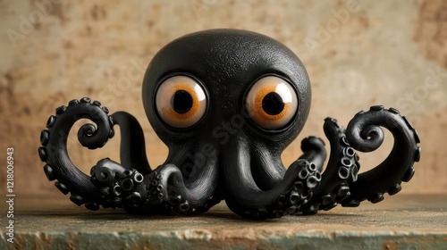 Playful black octopus figurine with large orange eyes, sitting on a rustic surface. photo