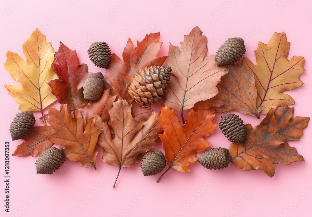 Obraz premium Colorful Autumn Leaves and Pine Cones Arranged on a Soft Pink Background Celebrating the Beauty of Fall with Natural Décor Elements for Seasonal Inspiration