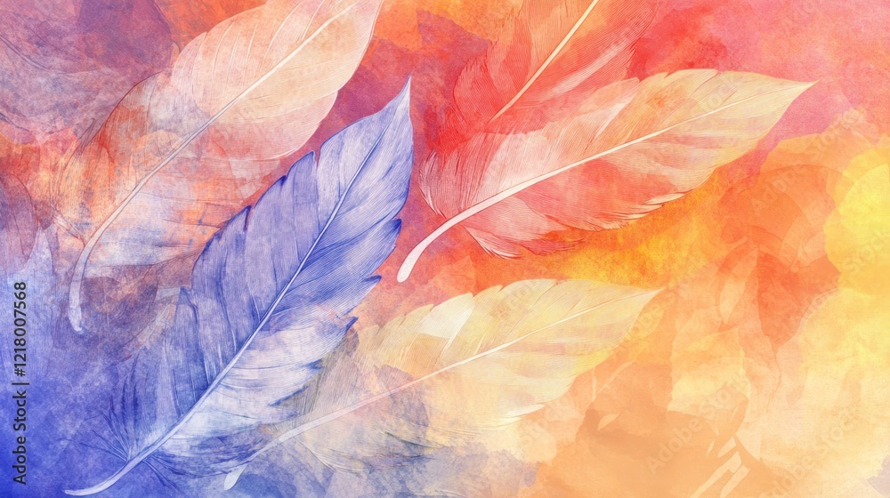 Obraz premium Watercolor feathers, autumn colors, abstract background, design