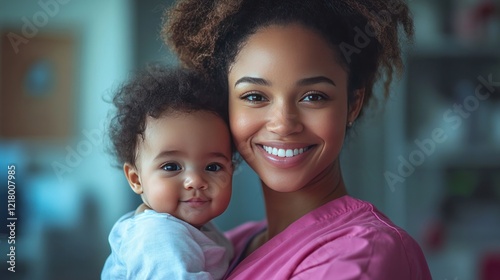 Smiling nurse holding baby, clinic, healthcare