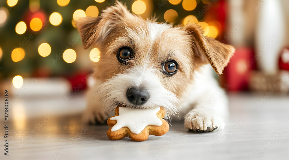 custom made wallpaper toronto digitalA cute dog lies on the floor, playfully holding a snowflake-shaped cookie, with festive lights twinkling in the background.