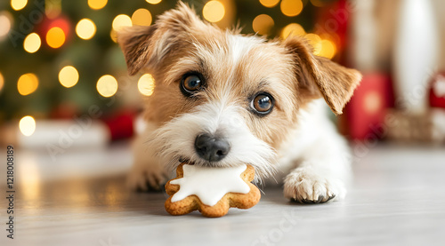 A cute dog lies on the floor, playfully holding a snowflake-shaped cookie, with festive lights twinkling in the background.