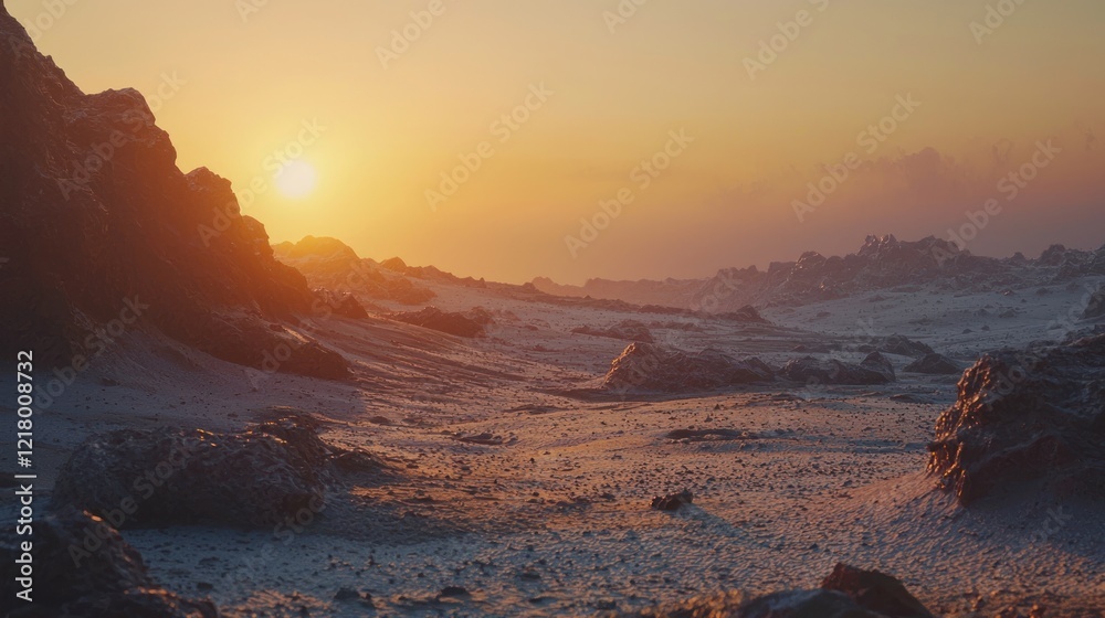 Sunset over a desolate, rocky landscape. Sunset over a desolate, rocky landscape.