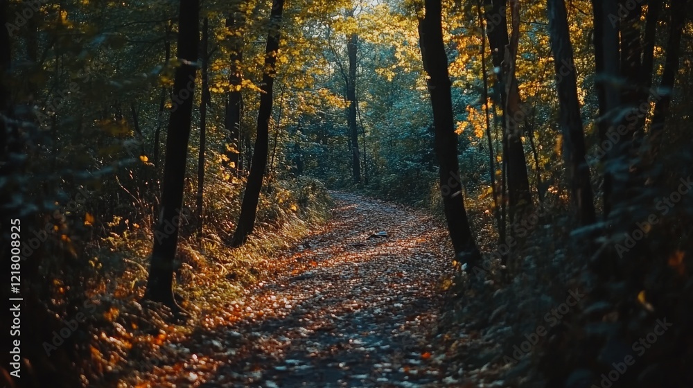 Fototapeta premium Sunlit Forest Trail with Golden Leaves