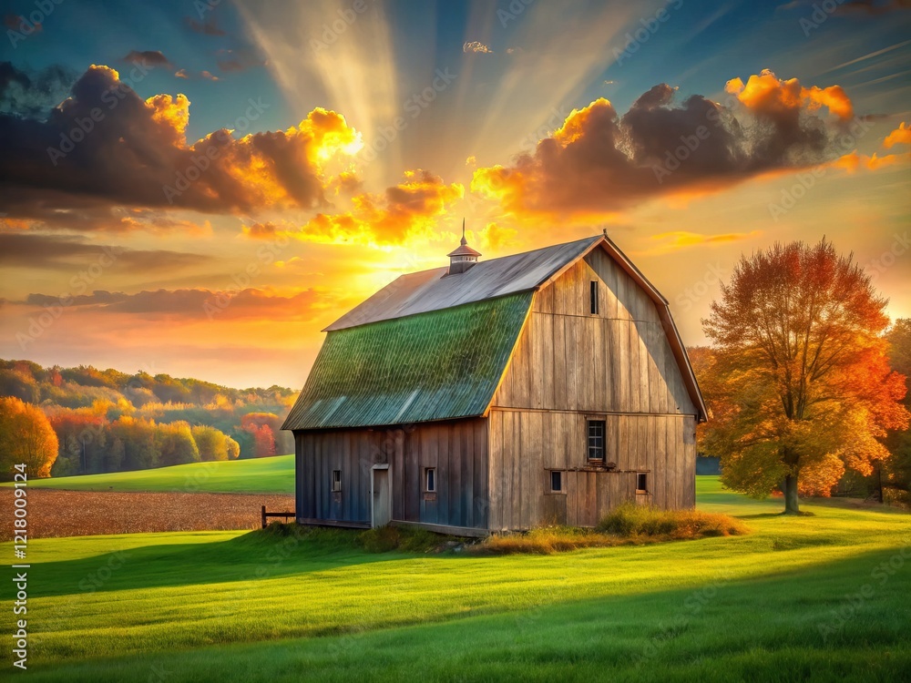 Obraz premium Rustic Indiana Barn, Autumn Landscape with Copy Space - Stock Photo