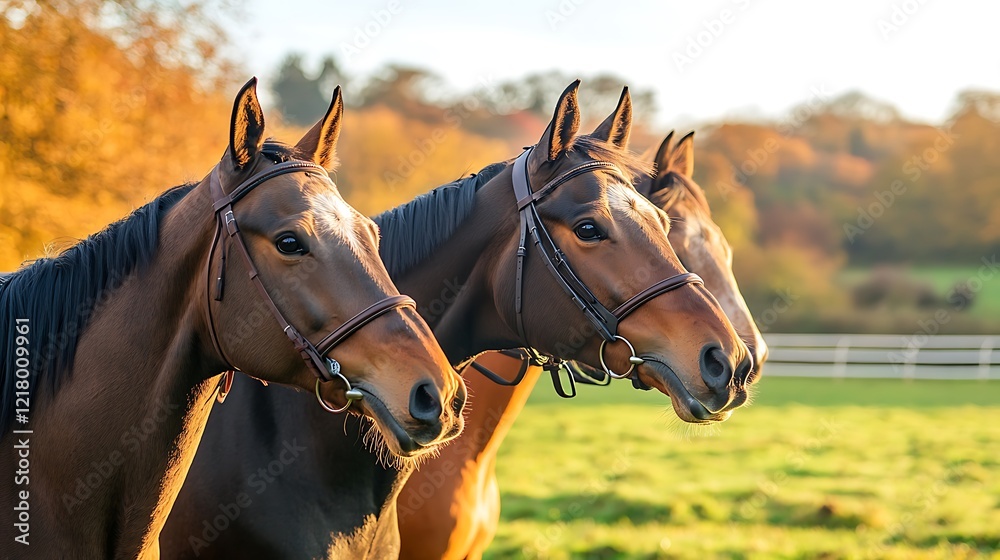 Obraz premium Three Majestic Horses in Autumnal Pasture