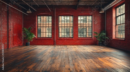 Red brick loft interior with hardwood floors and large windows