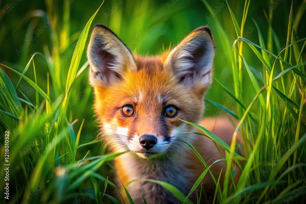 Naklejka premium Aerial Fox Kit Photography - Cute Wildlife Image, Orange Fur, Green Grass, Baby Fox, Nature Photography, Animal Portrait, Wild Animal, Summer Wildlife