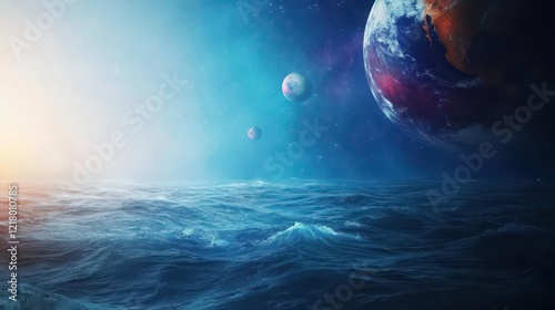A cosmic flood visual where water flows over planets, surreal and imaginative