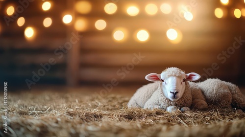 A cozy barn interior with sheep resting on fresh hay, warm lighting photo