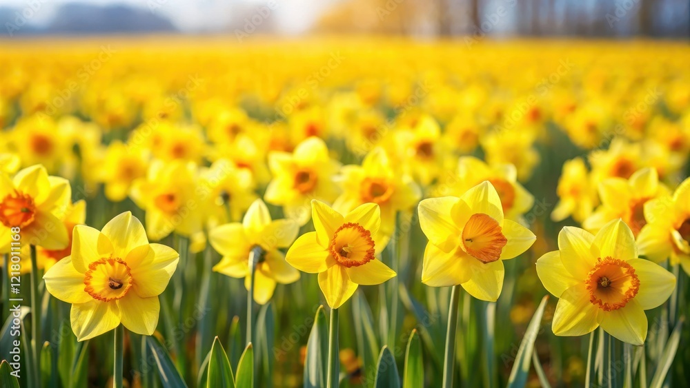 Fototapeta premium Daffodil Field in Full Bloom, bright yellow flowers, daffodil field
