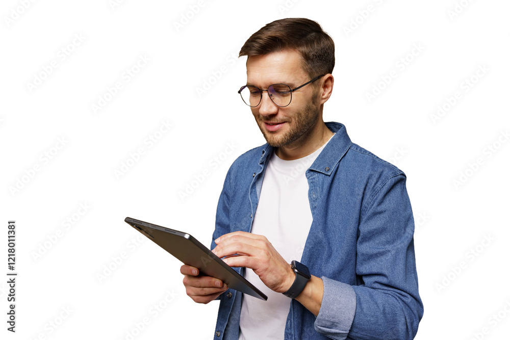 Man wearing glasses using a tablet while standing and smiling happily indoors Man wearing glasses using a tablet while standing and smiling happily indoors