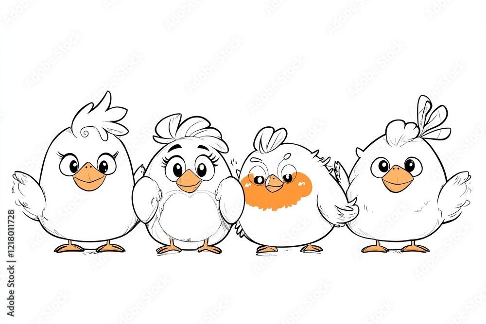 Four adorable cartoon birds stand side by side, ready to be colored in vibrant shades. Each bird has a unique expression, adding charm and creativity to a kids' coloring page Four adorable cartoon birds stand side by side, ready to be colored in vibrant shades. Each bird has a unique expression, adding charm and creativity to a kids' coloring page