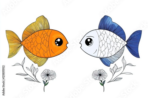 This delightful coloring page showcases two cartoon fish, one orange and one outlined in black. They swim among whimsical floral designs, inviting creativity photo