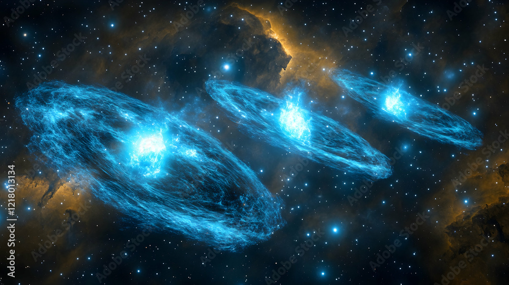Fototapeta premium Cosmic Nebula Three glowing elliptical galaxies in deep space