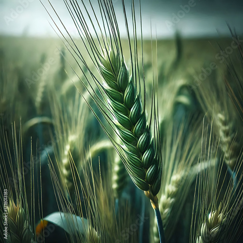 Green barley, wheat ear growing in agricultural field. Green unripe cereals. The concept of agriculture, healthy eating, organic food. Rogaska Slatina,Slovenia, South Styria.
 photo