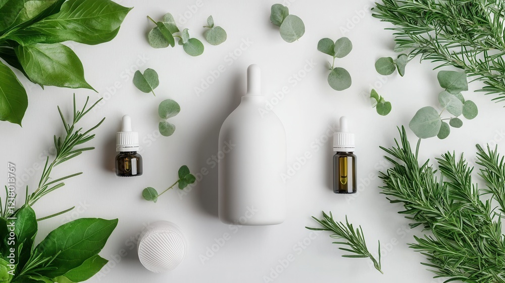 A serene flat lay of herbal compresses and essential oil diffusers A serene flat lay of herbal compresses and essential oil diffusers