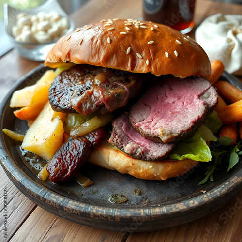 Norddeutscher Hamburger Labskaus mit Rindfleisch Corned Beef, Rote Beete, Kartoffeln, Saure Gurken, Spiegelei und Rollmops auf Teller photo