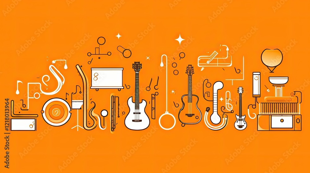 Fototapeta premium A vibrant illustration of various musical instruments and notes on an orange background.