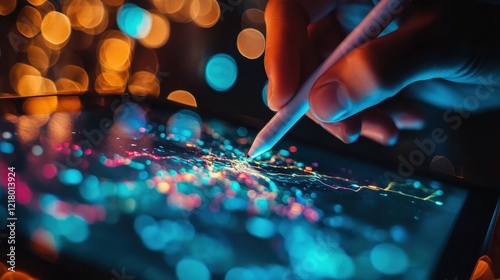 Close-Up of a Hand Using a Stylus on a Tablet Displaying a Colorful Digital Mind Map with Bokeh Background