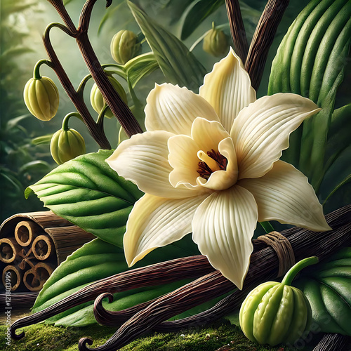 vanilla flower with pods and leaves
 photo