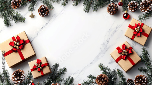 Christmas Gift Boxes with Festive Decorations on Marble
