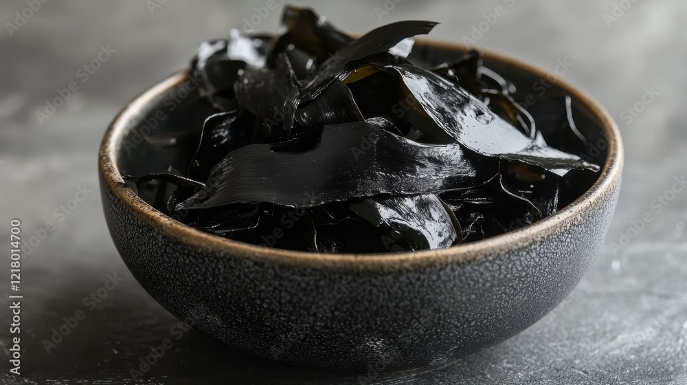 Dark, glossy seaweed in a bowl. Perfect for illustrating healthy eating, Asian cuisine, or seafood recipes. Dark, glossy seaweed in a bowl. Perfect for illustrating healthy eating, Asian cuisine, or seafood recipes.