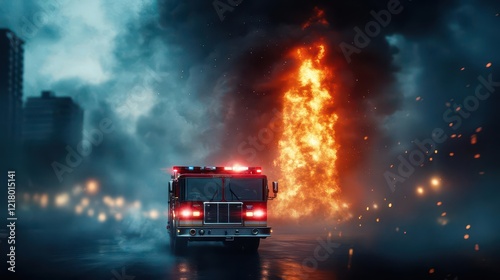 A fire engine racing toward a towering inferno, actionpacked composition, dramatic lighting photo