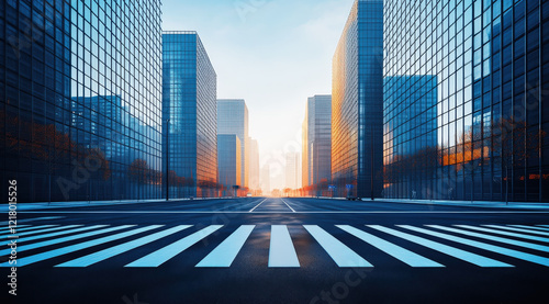 Modern urban architecture, with blue glass curtain wall office buildings on both sides of wide asphalt roads