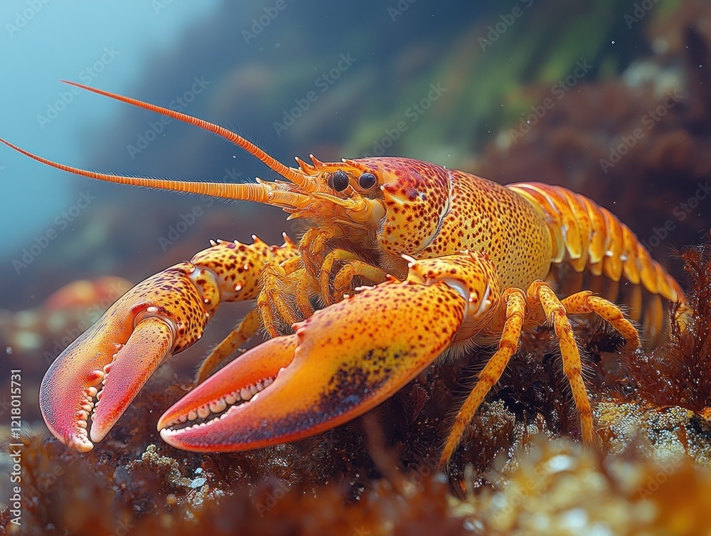 Vibrant Lobster Portrait Underwater With Detailed Claws and Long Antennae in Focus